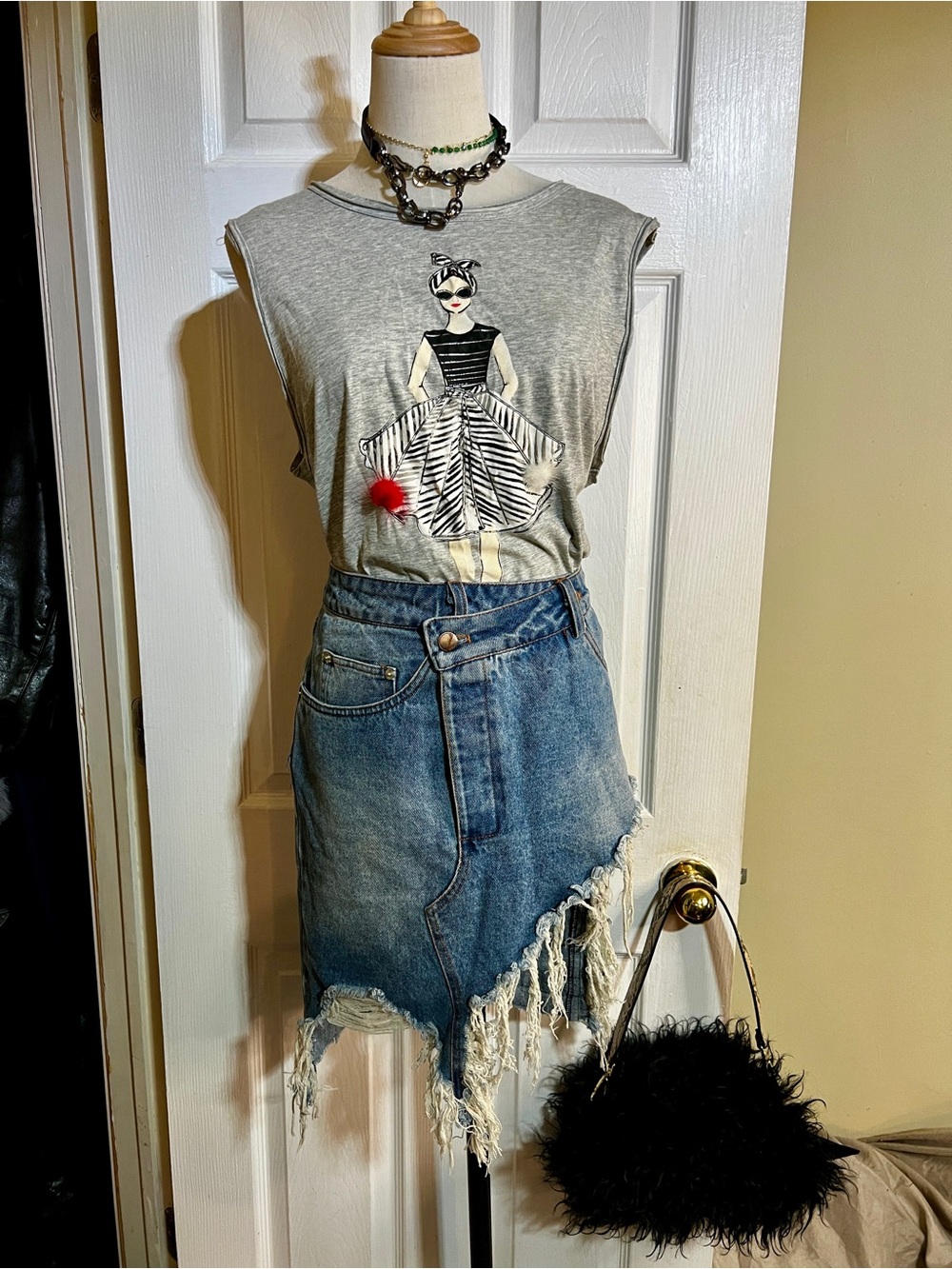 Wms Distressed Blue Cotton Denim Frayed Asymmetric Crossover Waist Mini Skirt L